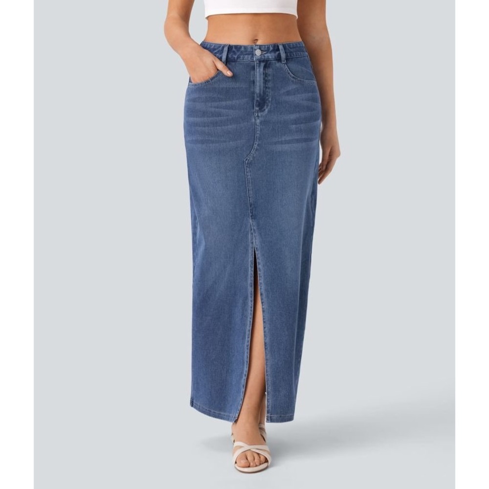 NWT Halara Flex Denim Maxi Skirt Front Slit Blue Stretch Medium